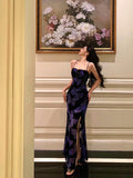 Sheath Spaghetti Straps Royal Blue Floral Prom Dresses Birthday Outfits Evening Gown SD878