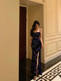 Sheath Spaghetti Straps Royal Blue Floral Prom Dresses Birthday Outfits Evening Gown SD878