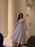A line Square Neckline Long Sleeves Chiffon Blue Date Night Dress Prom Dresses Birthday Party Outfit SD880