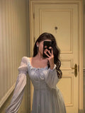 A line Square Neckline Long Sleeves Chiffon Blue Date Night Dress Prom Dresses Birthday Party Outfit SD880