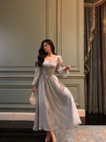 A line Square Neckline Long Sleeves Chiffon Blue Date Night Dress Prom Dresses Birthday Party Outfit SD880