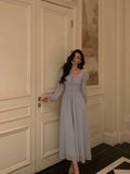 A line Square Neckline Long Sleeves Chiffon Blue Date Night Dress Prom Dresses Birthday Party Outfit SD880