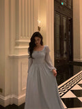 A line Square Neckline Long Sleeves Chiffon Blue Date Night Dress Prom Dresses Birthday Party Outfit SD880