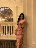 Mermaid Spaghetti Straps Floral Chiffon Prom Dresses Birthday Outfits Evening Gown SD885