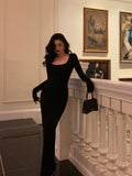 Sheath Square Neckline Long Sleeves Black Date Night Dress Prom Dresses Birthday Party Outfit SD888