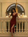 Sheath Spaghetti Straps Red Sequin Prom Dresses Birthday Outfits Evening Gown SD889
