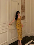 Sheath V Neckline Yellow Floral Date Night Dress Prom Dresses Birthday Party Outfit SD890