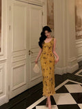 Sheath V Neckline Yellow Floral Date Night Dress Prom Dresses Birthday Party Outfit SD890