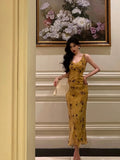 Sheath V Neckline Yellow Floral Date Night Dress Prom Dresses Birthday Party Outfit SD890