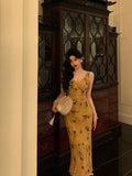 Sheath V Neckline Yellow Floral Date Night Dress Prom Dresses Birthday Party Outfit SD890
