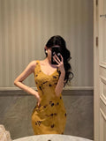 Sheath V Neckline Yellow Floral Date Night Dress Prom Dresses Birthday Party Outfit SD890
