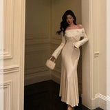 Mermaid Off The Shoulder White Ruffles Long Sleeves Prom Dresses Birthday Outfits Evening Gown SD891