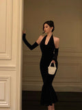 Mermaid Halter Neckline Ruffles Black Velvet Prom Dresses Birthday Outfits Evening Gown SD897