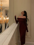 Sheath Off The Shoulder Burgundy Long Sleeves Prom Dresses Birthday Outfits Evening Gown SD899