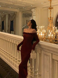 Sheath Off The Shoulder Burgundy Long Sleeves Prom Dresses Birthday Outfits Evening Gown SD899