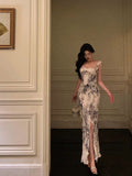 Mermaid Square Neckline Ruffles Long Chiffon Slit Prom Dresses Birthday Outfits Evening Gown SD900