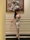 Mermaid Square Neckline Ruffles Long Chiffon Slit Prom Dresses Birthday Outfits Evening Gown SD900