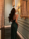 Sheath Spaghetti Straps Dark Green Satin Prom Dresses Birthday Outfits Evening Gown SD902