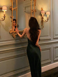 Sheath Spaghetti Straps Dark Green Satin Prom Dresses Birthday Outfits Evening Gown SD902