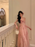 A Line Spaghetti Straps Pink Lace Prom Dresses Birthday Outfits Evening Gown SD905