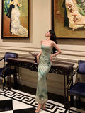Sheath Spaghetti Straps Mint Green Floral Prom Dresses Birthday Outfits Evening Gown SD908