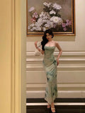 Sheath Spaghetti Straps Mint Green Floral Prom Dresses Birthday Outfits Evening Gown SD908