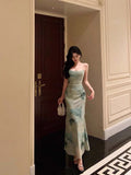 Sheath Spaghetti Straps Mint Green Floral Prom Dresses Birthday Outfits Evening Gown SD908