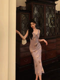 Sheath V neckline Lilac Floral Satin Prom Dresses Birthday Outfits Evening Gown SD919