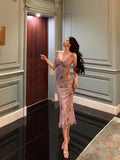 Sheath V neckline Lilac Floral Satin Prom Dresses Birthday Outfits Evening Gown SD919