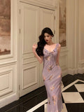 Sheath V neckline Lilac Floral Satin Prom Dresses Birthday Outfits Evening Gown SD919