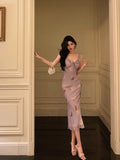 Sheath V neckline Lilac Floral Satin Prom Dresses Birthday Outfits Evening Gown SD919