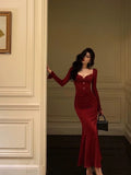 Sheath Sweetheart Red Ruffles Velvet Prom Dresses Birthday Outfits Evening Gown SD920