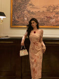 A Line Square Neckline Long Sleeves Pink Floral Prom Dresses Birthday Outfits Evening Gown SD921