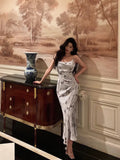 Sheath Spaghetti Straps Floral Long Prom Dresses Birthday Outfits Evening Gown SD926