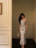 Sheath Spaghetti Straps Floral Long Prom Dresses Birthday Outfits Evening Gown SD926