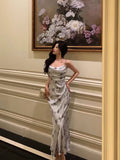 Sheath Spaghetti Straps Floral Long Prom Dresses Birthday Outfits Evening Gown SD926