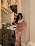 Sheath Straps Pink Floral Prom Dresses Long Birthday Outfits Evening Gown SD928
