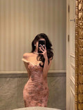 Sheath Straps Pink Floral Prom Dresses Long Birthday Outfits Evening Gown SD928