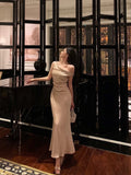 Mermaid One Shoulder Satin Champagne Prom Dresses Long Birthday Outfits Evening Gown SD934