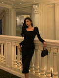 Sheath Square Neckline Black Prom Dresses Birthday Outfits Evening Gown SD937