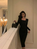 Sheath Square Neckline Black Prom Dresses Birthday Outfits Evening Gown SD937