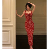 Sheath Spaghetti Straps Red Floral Prom Dresses Birthday Outfits Evening Gown SD940