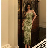 Sheath Spaghetti Straps Floral Green Prom Dresses Birthday Outfits Evening Gown SD943