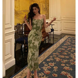 Sheath Spaghetti Straps Floral Green Prom Dresses Birthday Outfits Evening Gown SD943