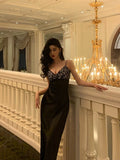 Sheath Spaghetti Straps Black Satin Prom Dresses Birthday Outfits Evening Gown SD947