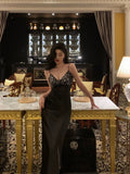 Sheath Spaghetti Straps Black Satin Prom Dresses Birthday Outfits Evening Gown SD947