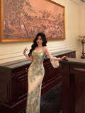 Sheath Spaghetti Straps Sage Green Floral Prom Dresses Birthday Outfits Evening Gown SD948