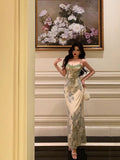 Sheath Spaghetti Straps Sage Green Floral Prom Dresses Birthday Outfits Evening Gown SD948