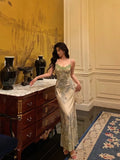 Sheath Spaghetti Straps Sage Green Floral Prom Dresses Birthday Outfits Evening Gown SD948