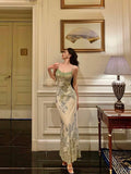 Sheath Spaghetti Straps Sage Green Floral Prom Dresses Birthday Outfits Evening Gown SD948